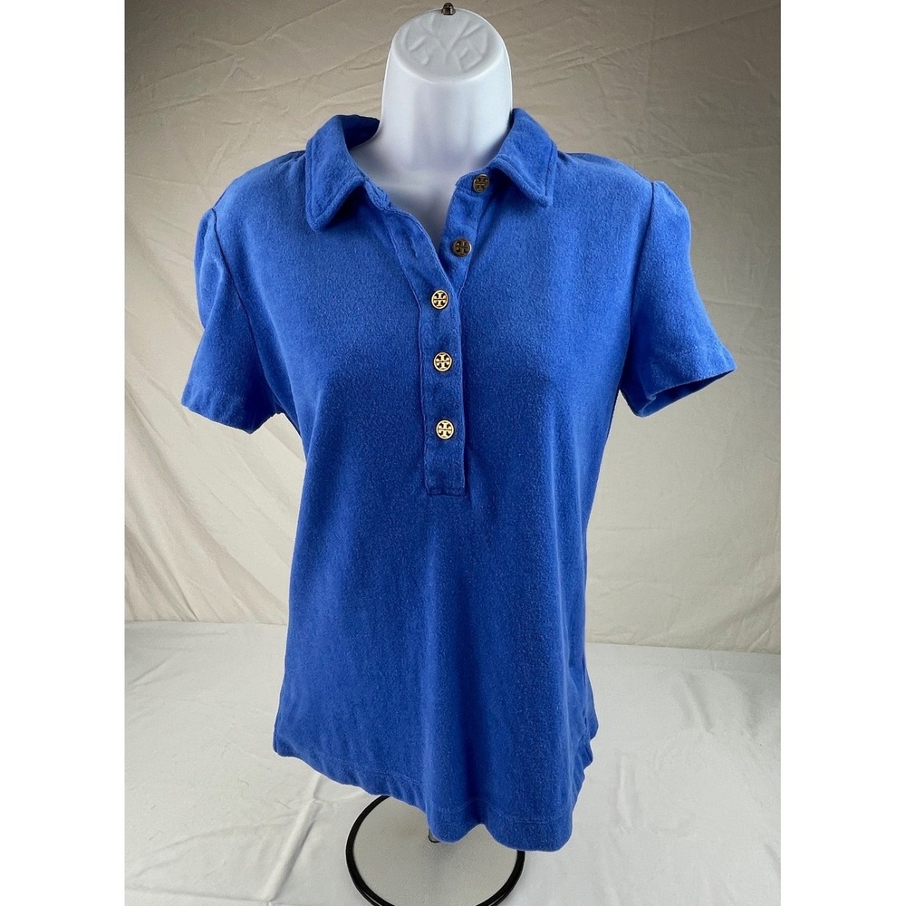 Tory Burch Blue Terry Cloth Polo Shirt Short Sleeve Logo Buttons Size S 46954